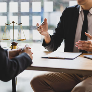 Two business professionals seated at a table, discussing matters with a scale of justice 