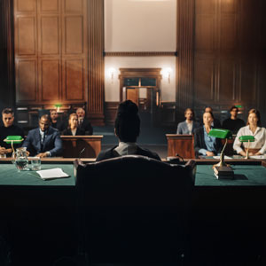 A judge hearing a case in courtroom during a trial.