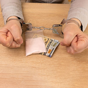 Handcuffed hands with drugs and money, symbolizing drug charges